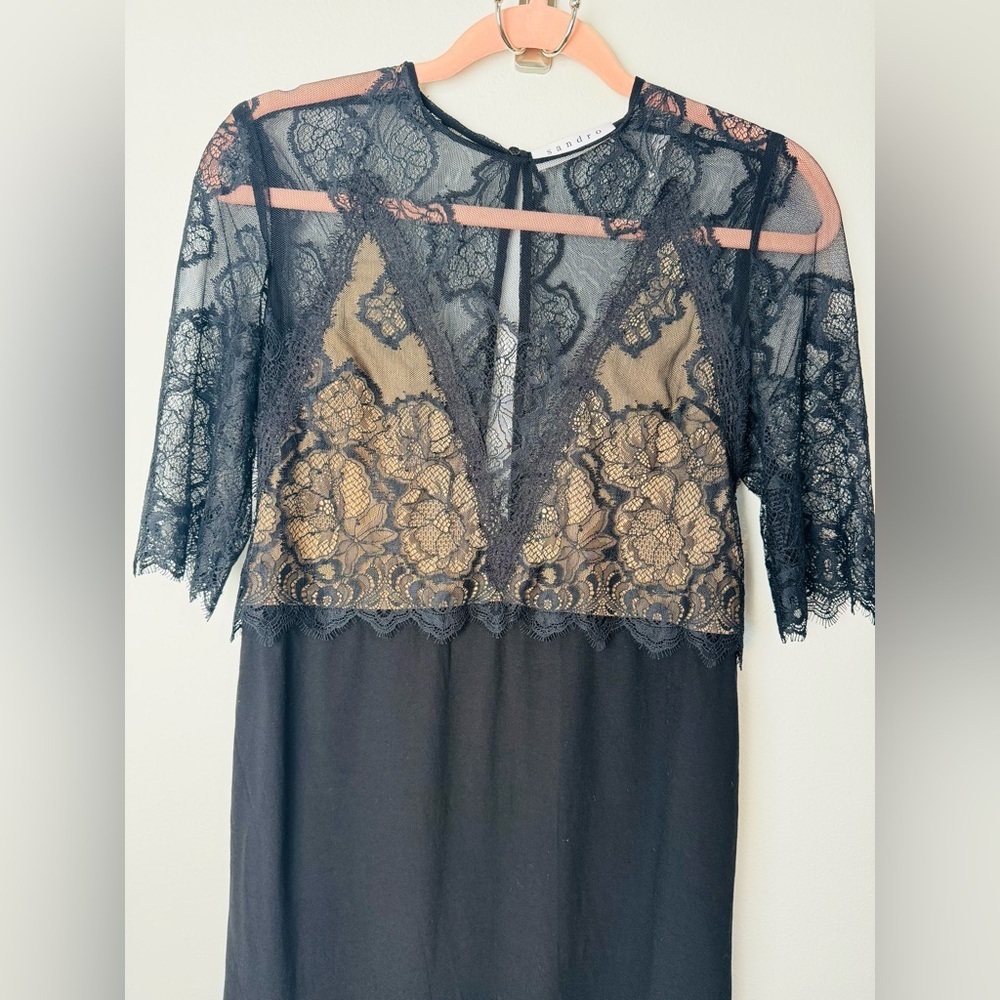 SANDRO BLACK LACE STRAIGHT CUT OPEN BACK DRESS SMALL EXCELLENT CONDITION - Picture 4 of 10